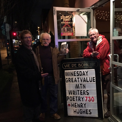 Poets Henry Hughes, Carlos Reyes, and John Morrison at Vie de Boheme in Portland, OR.